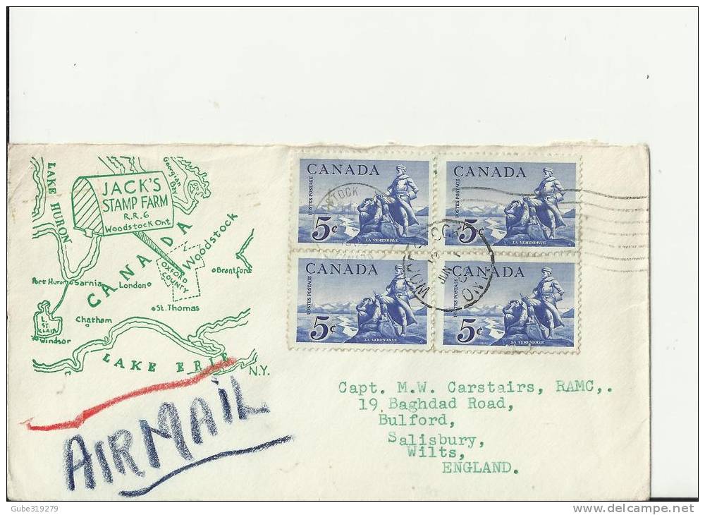 CANADA 1958 ???– COVER FROM WOODSTOCK ONT STAMP FARM   W 1 BLOCK OF 4 ST   OF 5 C (LAVERENDRYE) ADDR TO SALISBURY –U.KIN - Commemorative Covers