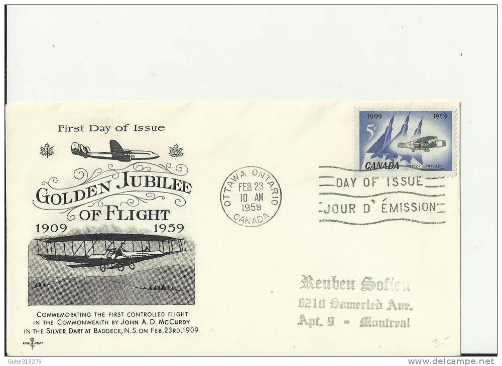 CANADA 1959 – FDC  50 YEARS OF 1ST FLIGHT BY JOHN A.D.CURDY ON SILVER DARTAT BADDECK   W 1  ST   OF 5 C ADDR TO MONTREAL - 1952-1960