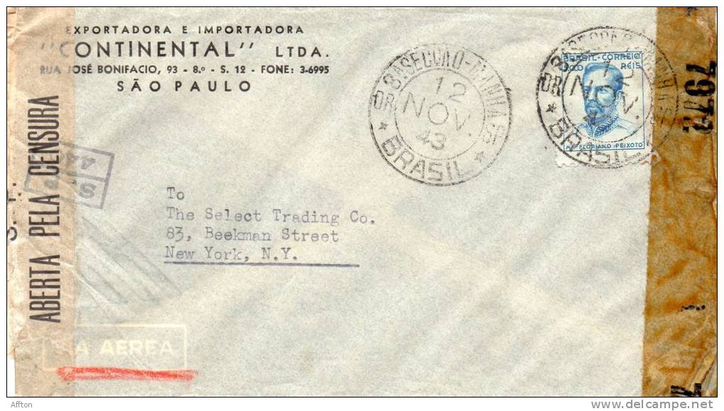 Sao Paulo 1943 Censored Cover Mailed To USA - Lettres & Documents