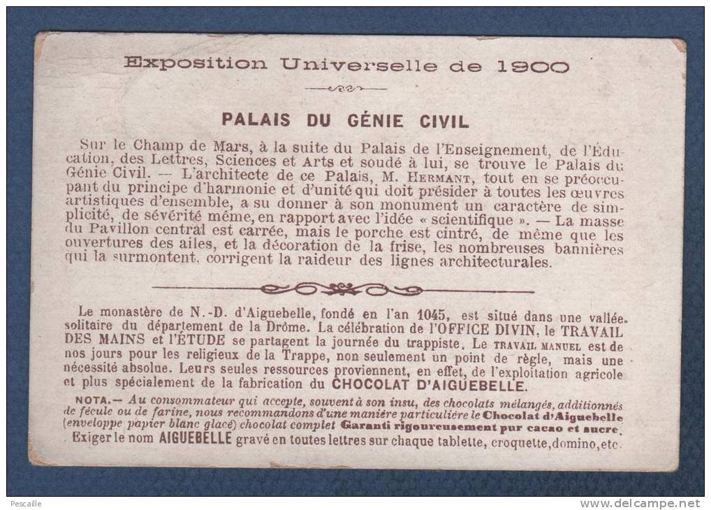 CHROMO ANCIEN CHOCOLATERIE  D´AIGUEBELLE MONASTERE DE LA TRAPPE DROME - EXPOSITION Ulle DE 1900 - PALAIS DU GENIE CIVIL - Aiguebelle