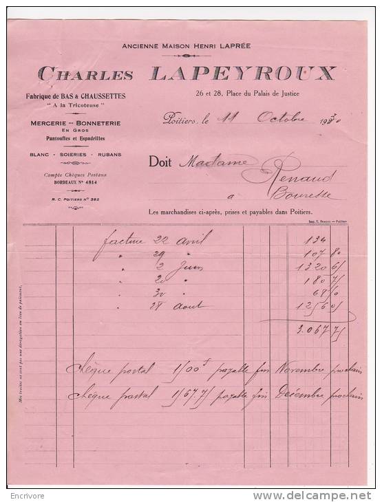 Charles LAPEYROUX Maison Laprée  Bas Chaussettes Mercerie Chaussures Soieries POITIERS  1930 - 1900 – 1949
