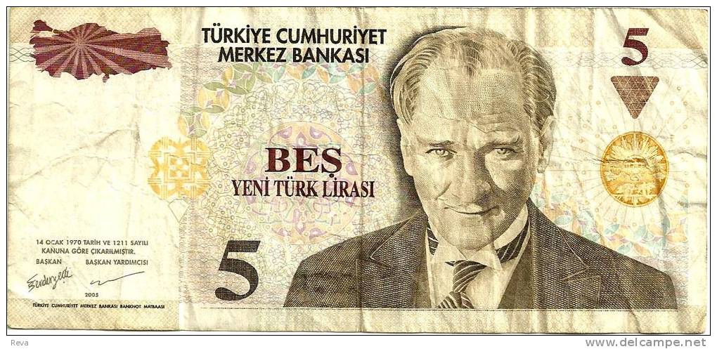 TURKEY 5 LIRASI BEIGE MAN FRONT & BUILDING BACK  DATED 2005 P217 F+ READ DESCRIPTION CAREFULLY !! !! - Turkey