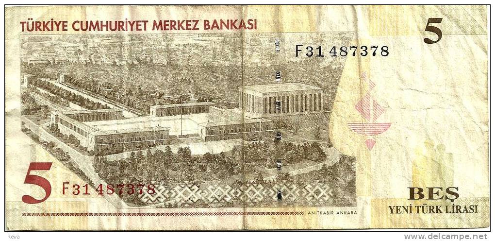 TURKEY 5 LIRASI BEIGE MAN FRONT & BUILDING BACK  DATED 2005 P217 F+ READ DESCRIPTION CAREFULLY !! !! - Türkei