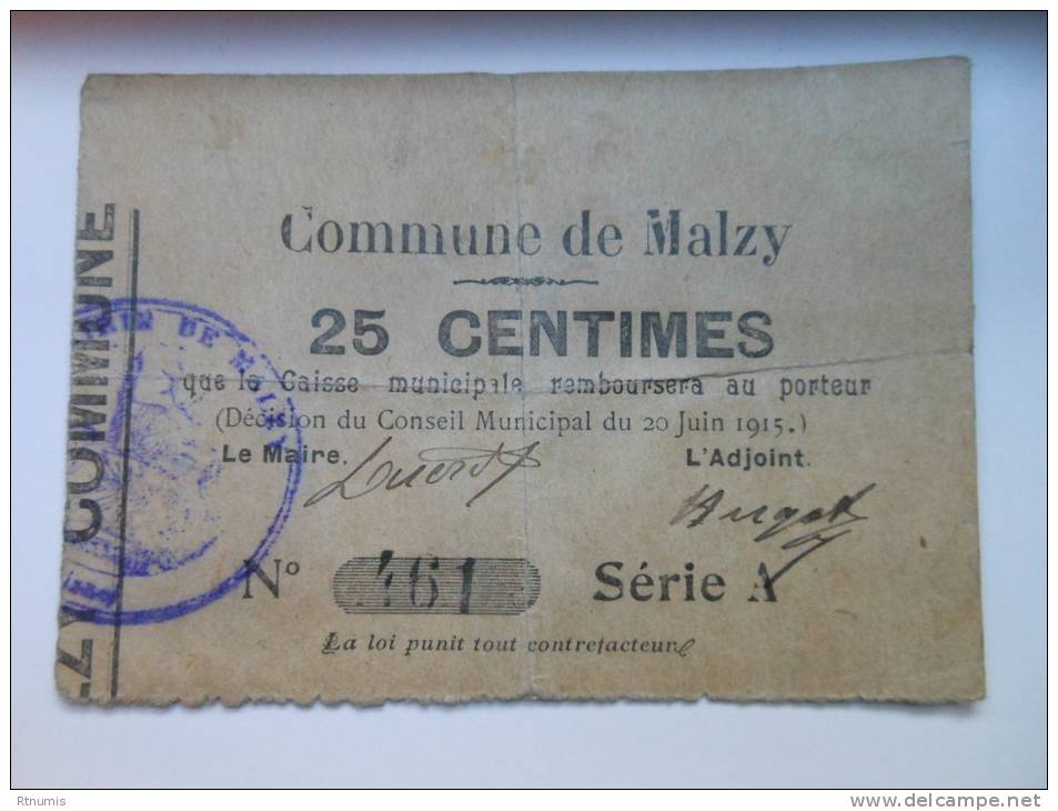 Aisne 02 Malzy , 1ère Guerre Mondiale 25 Centimes R - Bons & Nécessité