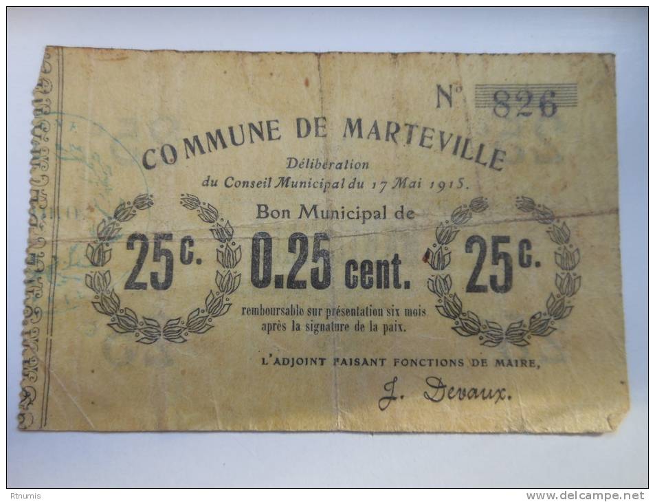 Aisne 02 Mateville , 1ère Guerre Mondiale 25 Centimes - Bons & Nécessité