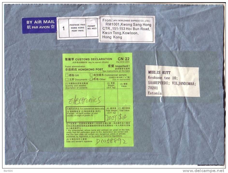 GOOD HONG KONG  A4 Postal Cover To ESTONIA 2012 - Postage Paid With Customs Declaration - Covers & Documents