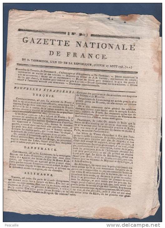 GAZETTE NATIONALE DE FRANCE 17 08 1795 - TURQUIE - ALLEMAGNE - LONDRES - QUIBERON VANNES - LE HAVRE - LACOSTE - Kranten Voor 1800