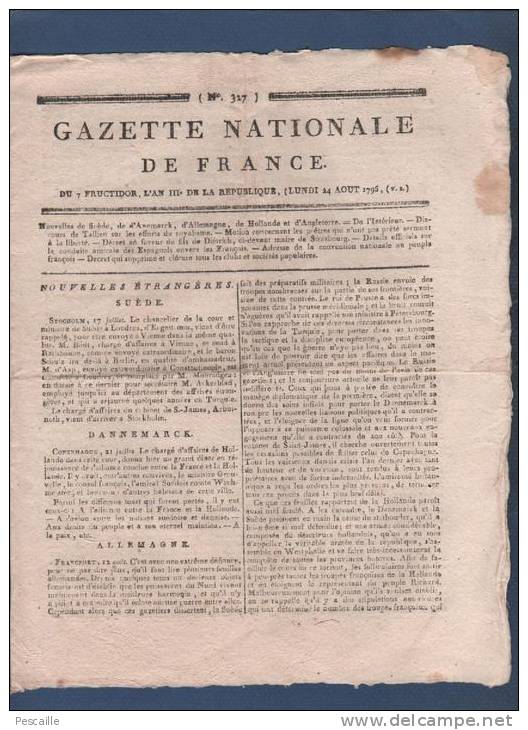 GAZETTE NATIONALE DE FRANCE 24 08 1795 - FRANCFORT - HOLLANDE - LAVAL - ROUEN BABOIS - TARIF POSTES & MESSAGERIES - - Kranten Voor 1800