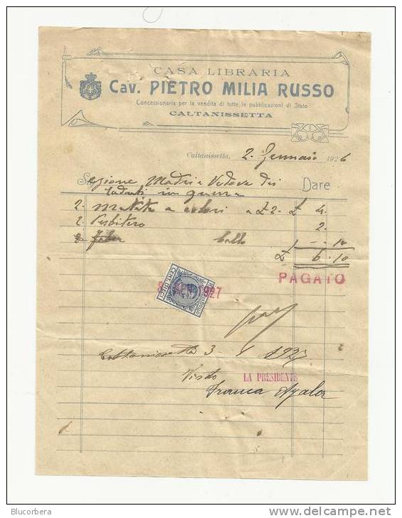 CALTANISSETTA: CAV. PIETRO MILIA RUSSO CASA LIBRARIA 1926 - Italia