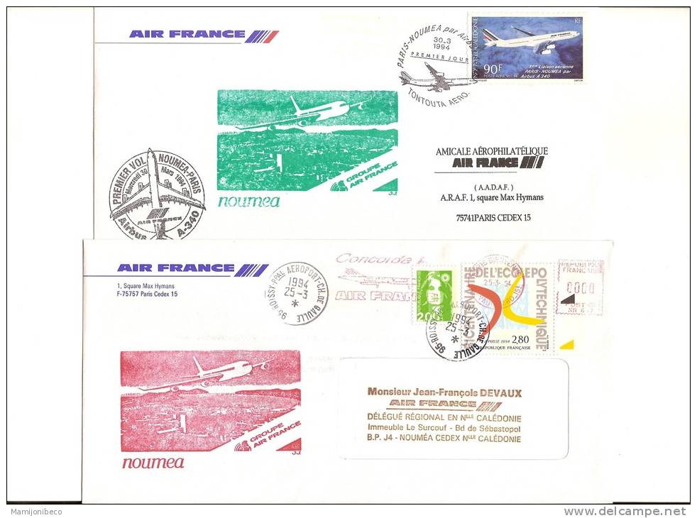 A 340 AIR FRANCE 1° Mise En Ligne Sur NOUMEA Aller Et Retour 30/03/94 Tirage Limité 55 - Primi Voli