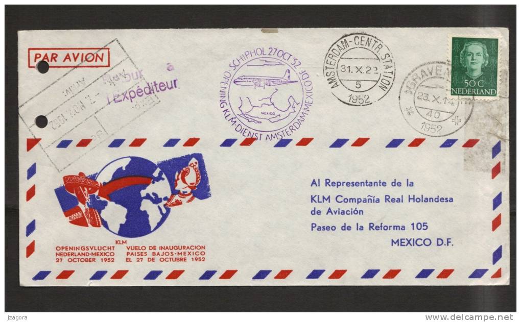 FIRST FLIGHT KLM 1952 AMSTERDAM HOLLAND - MEXICO CITY Dutch Cover Aviation History Airplane - Poste Aérienne