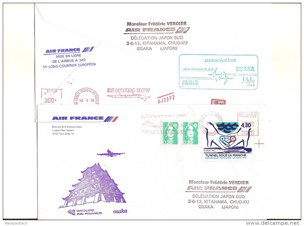 A 340 AIR FRANCE 1° Mise En Ligne Sur OSAKA Aller Et Retour 04/09/94 Tirage Limité 58 - Eerste Vluchten