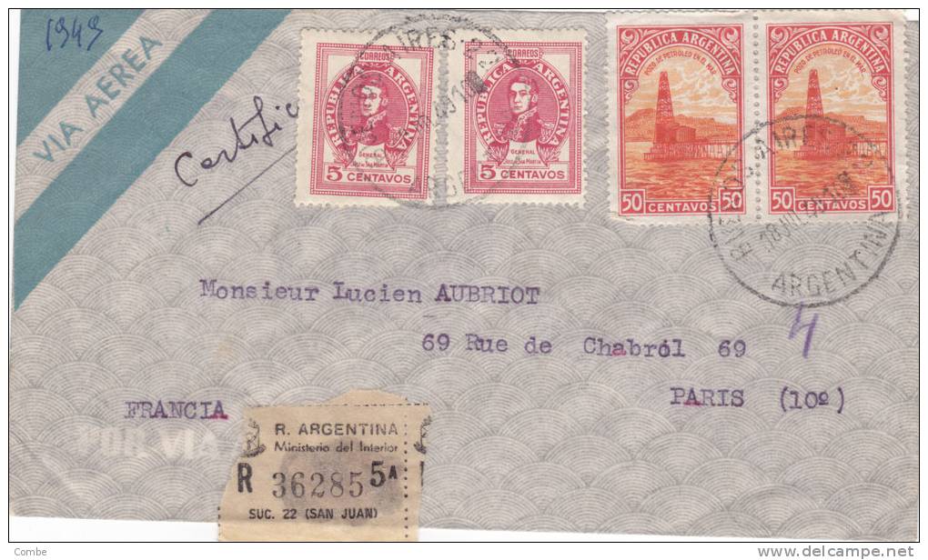 MARCOPHILLIE, LETTRE ARGENTINA RECOMENDATA 1949 VIA AEREA. BUENOS-AIRES-PARIS FRANCE  /3349 - Brieven En Documenten