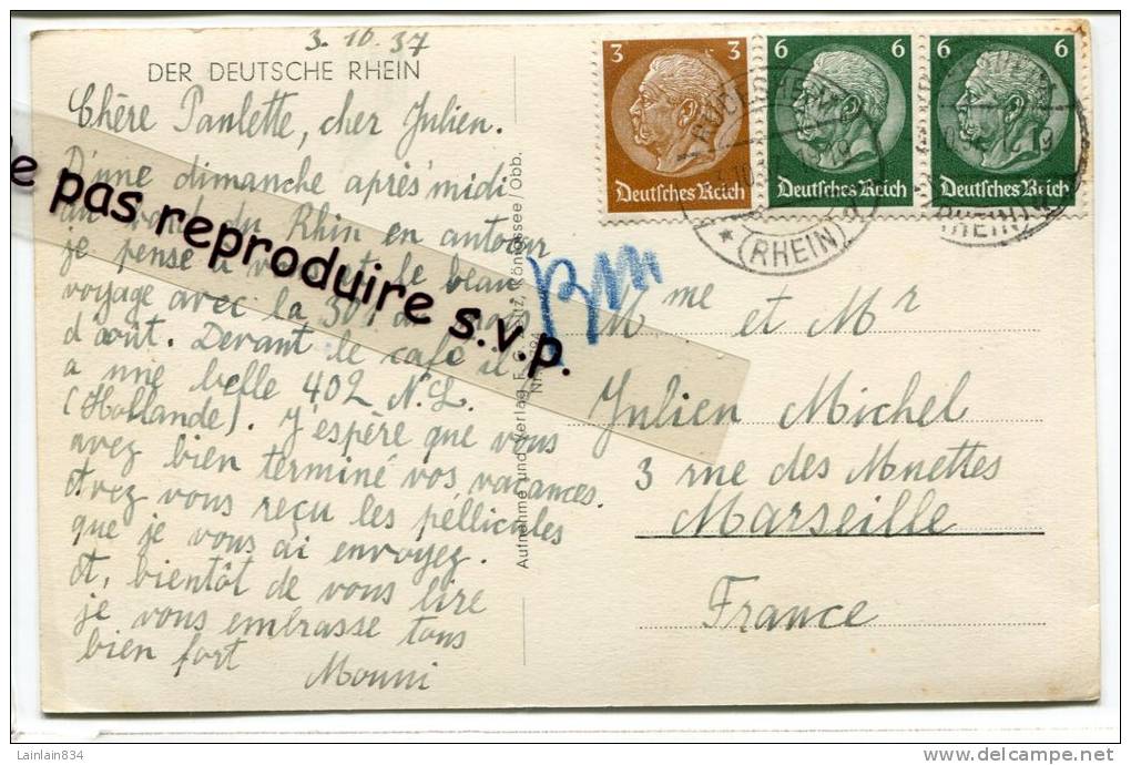 - 3 Beaux Timbres Sur CPSM, 1937,  DER DEUTSCHE RHEIN, To Marseille, TBE,  Rudesheim A Rh, Scans. - Briefe U. Dokumente