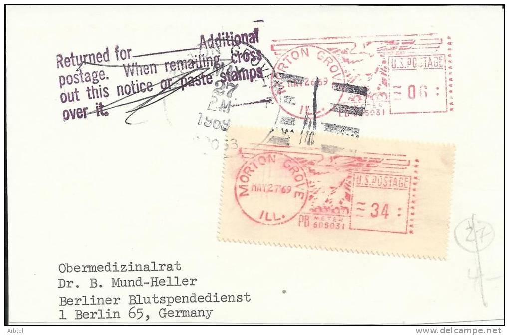 USA FRONTAL CON TASA MORTON GROVE RETURNED FOR ADDITTIONAL POSTAGE - Covers & Documents
