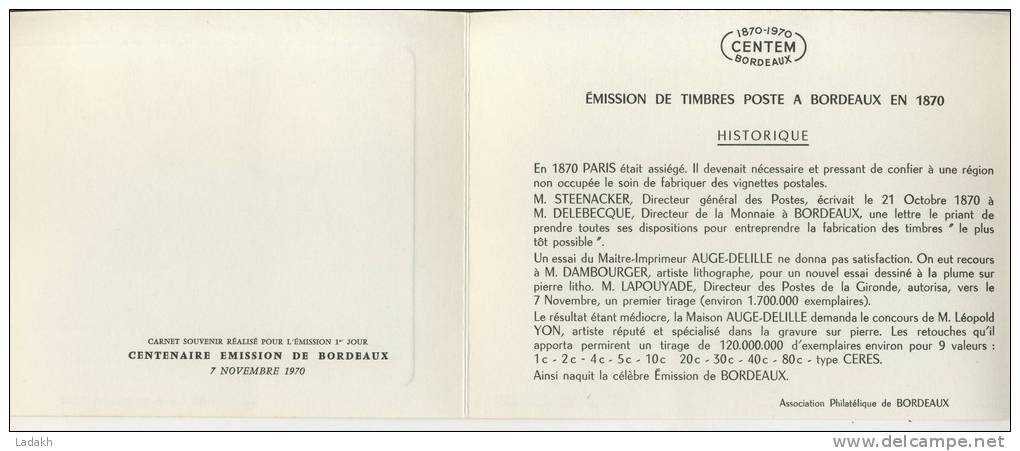 CARNET SOUVENIR  1970 # PREMIER JOUR FDC # CENTENAIRE EMISSION BORDEAUX # GRAND THEATRE  LITHOGRAPHIE EPOQUE - Commémoratifs