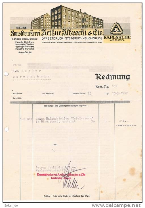 2 Rechnungen Kunstdruckerei Arthur Albrecht & Cie., Karlsruhe 1942 U. 1949 - Printing & Stationeries