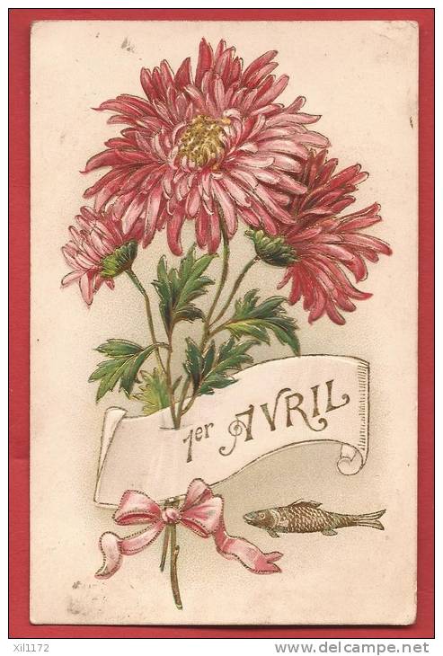 N653 1er Avril, Poisson, Fleurs En Relief.Cachet 1906 - 1er Avril - Poisson D'avril