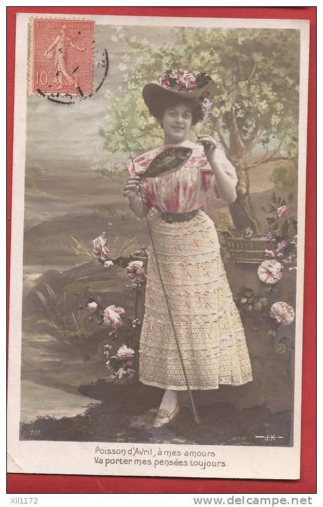 N658 1er Avril, Jeune Femme Pêchant à La Ligne, Poisson, Fleurs,  Affranchissement Frontal. - 1er Avril - Poisson D'avril