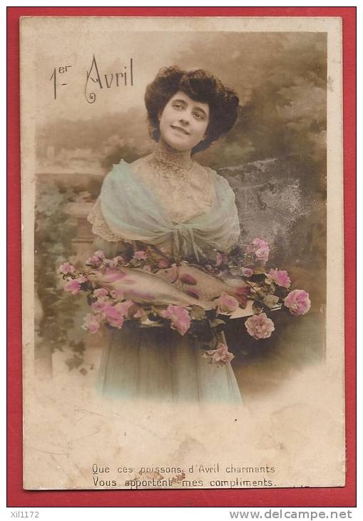 N659 1er Avril, Jeune Femme , Poisson, Fleurs,  Cachet 1911 - 1er Avril - Poisson D'avril