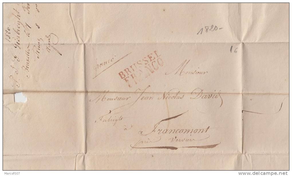 PRECURSEUR 1820 BXL VERS VERVIERS FRANCO MANUSCRIT + GRIFFE BRUSSEL FRANCO ROUGE - 1815-1830 (Hollandse Tijd)