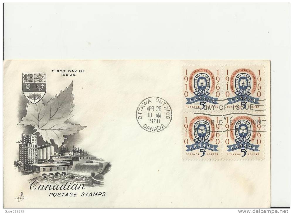 CANADA 1960 – FDC  GIRLS GUIDES ASSOCIATION  W 1 BLOCK OF 4  STS  OF 5 C  POSTM OTTAWA-ONT APR 20 RE1023 - 1952-1960