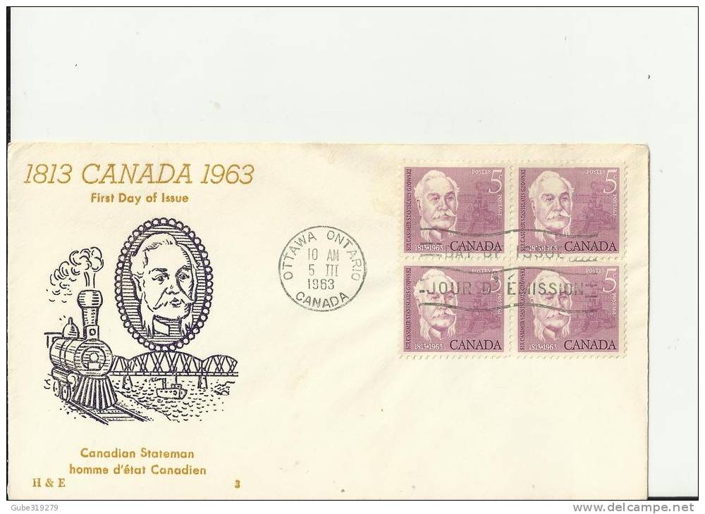 CANADA 1963– FDC 150 YEARS BIRTH OF SIR CASIMIR WS. GZOWSKI- STATEMAN  W 1 BLOCK OF 4 STS OF 5 C   POSTM OTTAWA-ONT MAR - 1961-1970