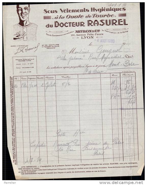 DOCTEUR RASUREL , SOUS VETEMENTS HYGIENIQUE A LYON / FACTURE DATEE 1930 / DPT 69 - 1900 – 1949