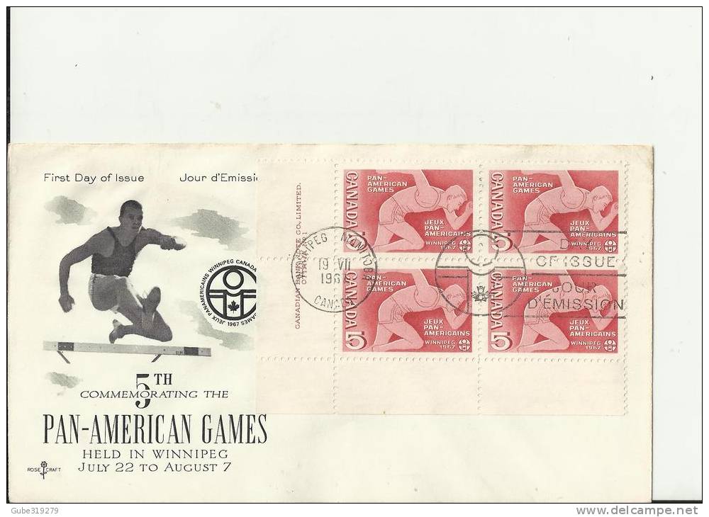 CANADA 1967– FDC 5TH PAN AMERICAN GAMES – WINNIPEG JUL 22 TO AUG 7   W 1 CORNER BLOCK OF 4 STS  OF 5 C POSTM WINNIPEG MA - 1961-1970