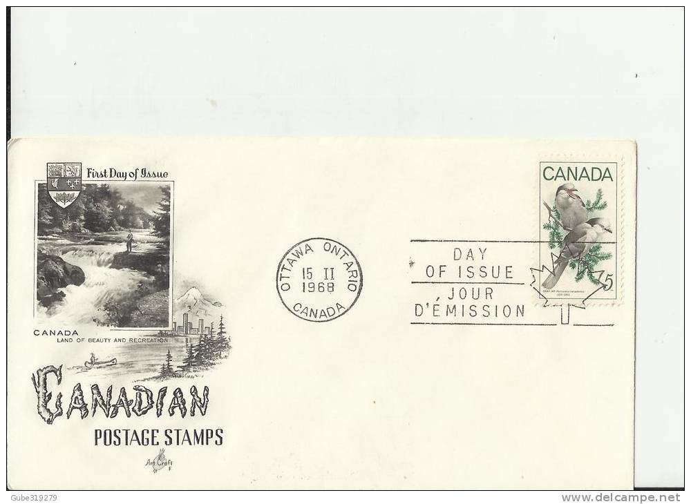 CANADA 1968– FDC  BIRDS OF CANADA – GREY JAY   W 1 ST  OF 5 C POSTM OTTAWA-ONT FEB 15 RE1966 - 1961-1970