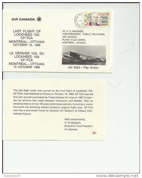 CANADA 1968– FDC  LAST FLIGHT OF LOCKHEED 10A CF-TCA MONTREAL OTTAWA OCT 15 W 1 ST  OF 5 C POSTM DORVAL-QUE OCT 15 RE197 - 1961-1970