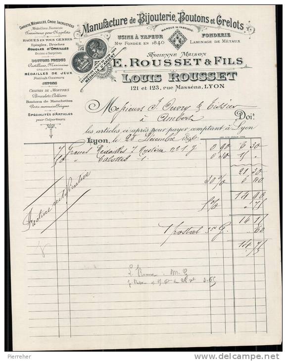 LOUIS ROUSSET , Manufacture De Bijouterie , Boutons Et Grelots A Lyon / Facture Datee 1896 / DPT 69 - 1800 – 1899