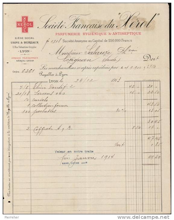 SOCIETE FRANCAISE DU XEROL PARFUMERIE HYGIENIQUE ET ANTISEPTIQUE A LYON / CORRESPONDANCE DATEE DE 1913 / DPT 69 - 1900 – 1949