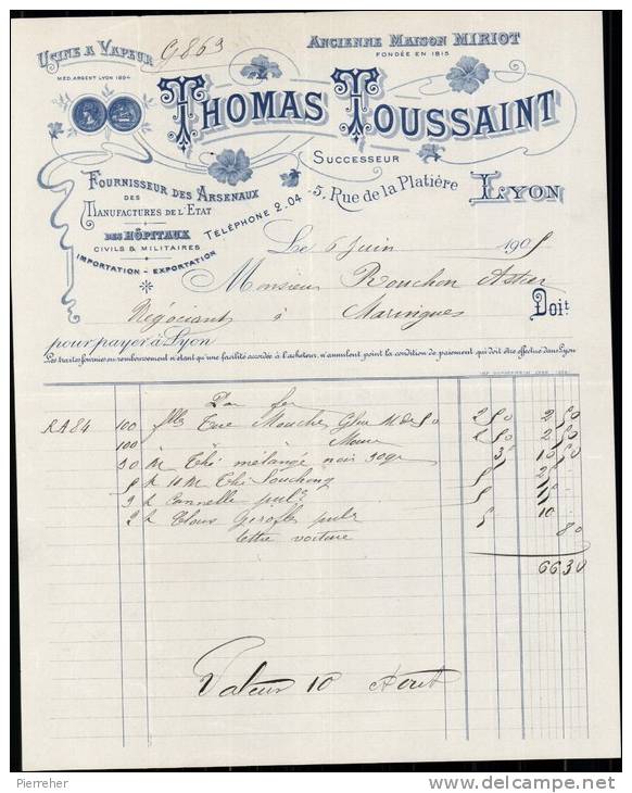 THOMAS TOUSSAINT , Fournisseurs Des Arsenaux Des Manufactures De L Etat A Lyon / Facture Datee 1908 / DPT 69 - 1900 – 1949