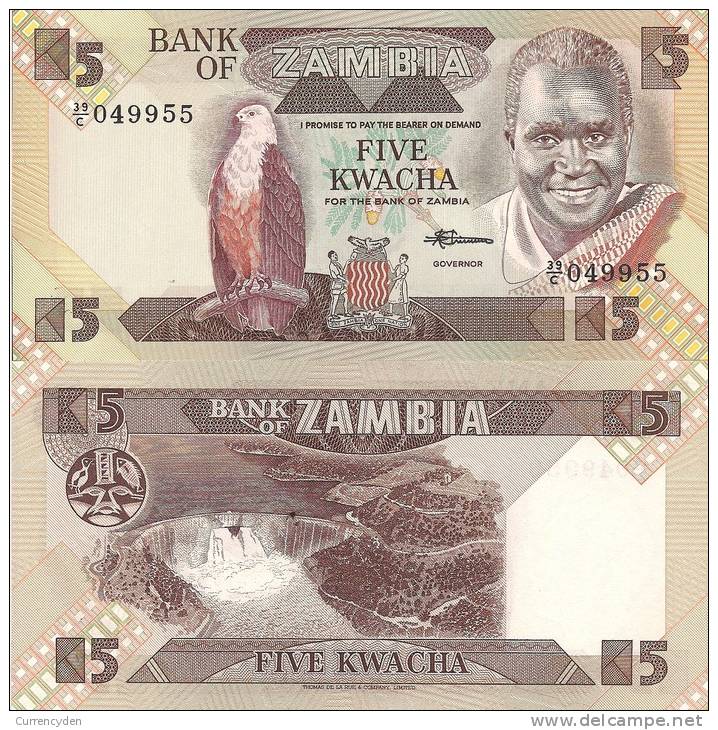 Zambia P-25d, 5 Kwacha, Fish Eagle / Kariba Dam $5CV Look At UV Image - Zambia