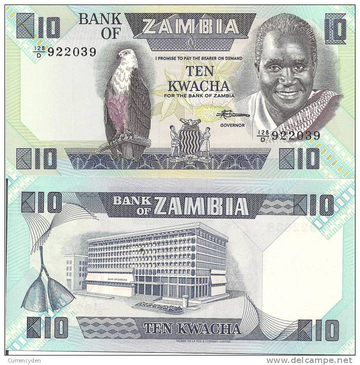 Zambia P-26e, 10 Kwacha, Kaunda And Fish Eagle / Bank Building $6CV - Zambia