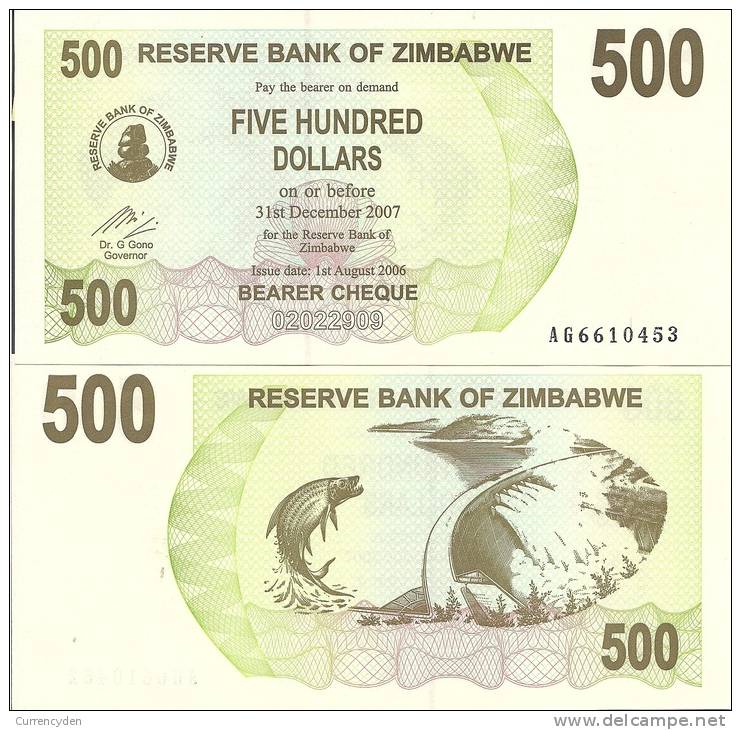 Zimbabwe P-43, 500 Dollars, Tiger Fish & Kariba Dam On Zambezi River $5 CV! - Simbabwe