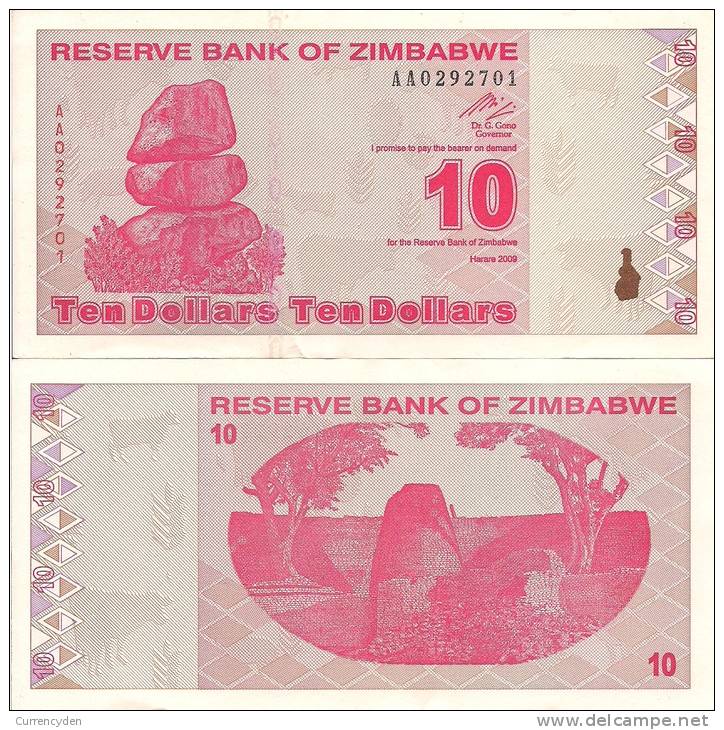 Zimbabwe P-94, 10  Dollars, Chiremba Balancing Rock / Great Zimbabwe Ruins $2+CV - Zimbabwe