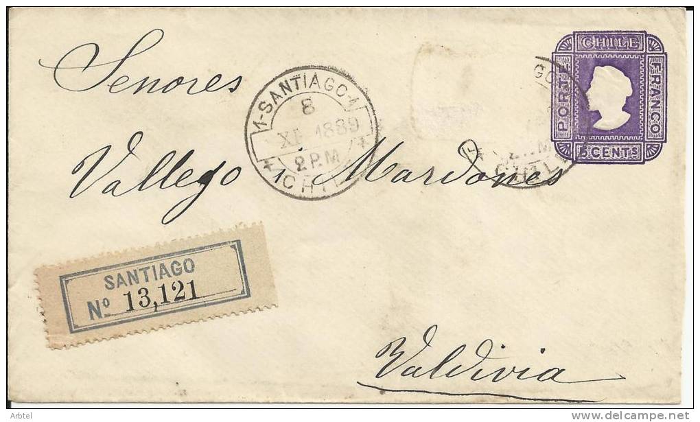 CHILE SANTIAGO ENTERO POSTAL CERTIFICADO A VALDIVIA 1889 SELLO DESPRENDIDO - Christoffel Columbus