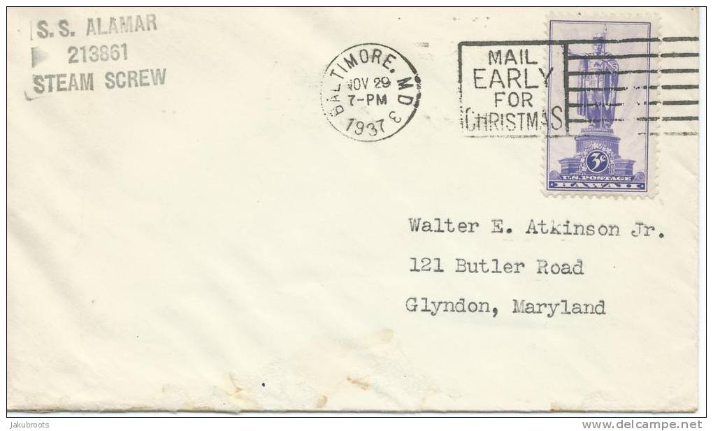 1937. MARITINE  COVER, S.S ALAMAR  213861 STEAM CREW . WITH   HAWAII 3c STAMP - Other & Unclassified