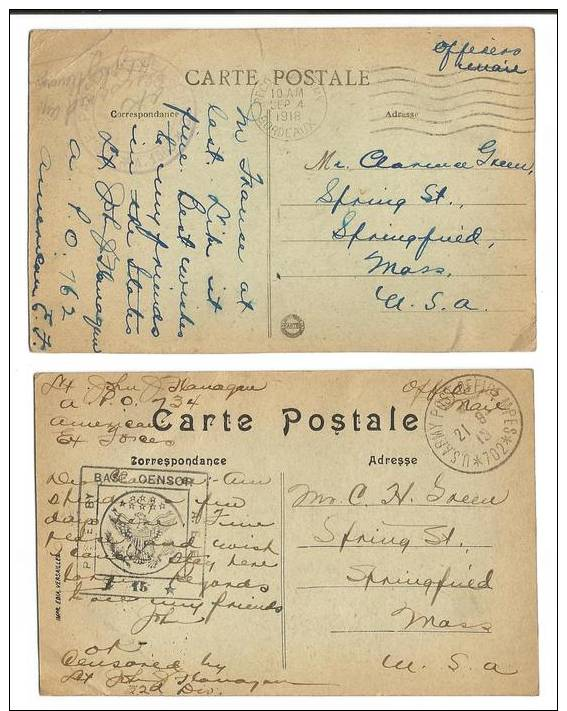216. (5) Postcards WWI Censored US In European Theater Soldiers & Officers Mail - War 1914-18