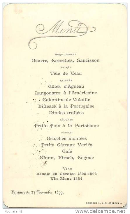 Menu Ref. 005. Déjeuner Du 27 Novembre 1899 - Menus