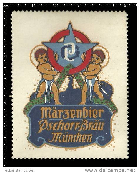 Old Original German Poster Stamp (advertising Cinderella, Reklamemarke) Pschorr Bräu Bier Beer Carl Moos Children Nude - Beers