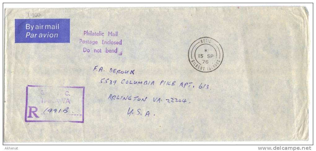 TZ1400 - GILBERT & ELLICE , Lettera Per Gli Stati Uniti In Franchigia 15/9/1976 - Gilbert & Ellice Islands (...-1979)