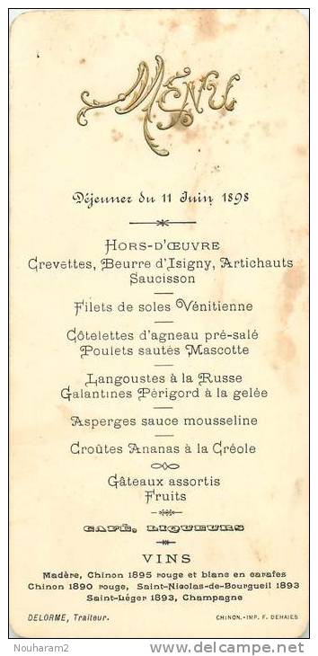 Menu Ref. 086. Déjeuner Du 11 Juin 1898 - Menus