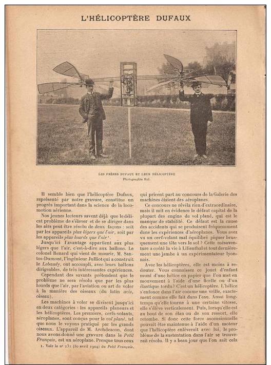 Le Petit Français Ilustré N° 290 17/06/1905:: L´hélicoptère DUFAUX : 2 P Et 1 Photo - L´horloge : 3P - La Forêt Vierge 1 - 1900 - 1949