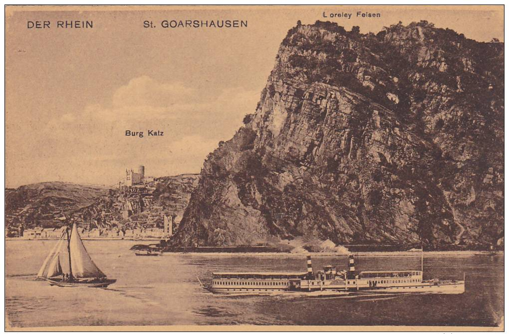 Der Rhein, Sailboat, Burg Katz, L Oreley Felsen, St. Goarshausen (Rhineland-Palatinate), Germany, 1900-1910s - St. Goar