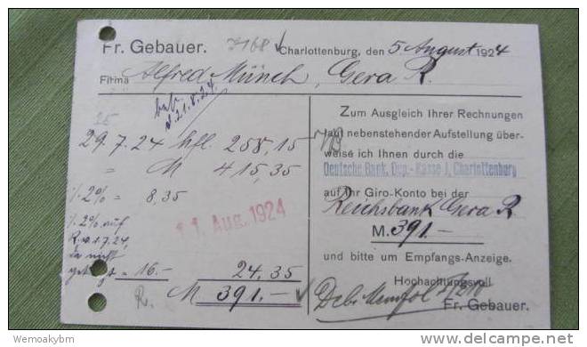 DR:Postkarte Gelocht Vom 5.8.24 Von Charlottenburg Nach Gera Mit Stpl: "Frankiert Mit Den Wohlfahrtsbriefmarken Der DNH" - Briefe U. Dokumente