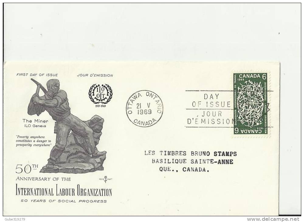 CANADA 1969 - FDC 50 YEARS INTERNATIONAL LABOUR ORGANIZATION ADDR TO QUEBEC W 1 ST OF 6 C POSTM OTTAWA ONT FEBMAY 21 RE1 - 1961-1970