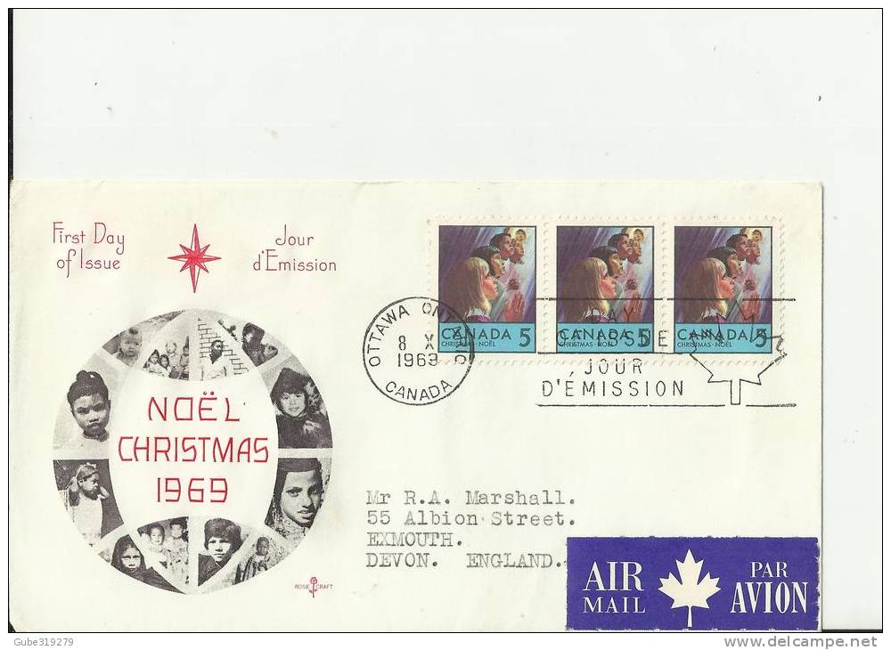 CANADA 1969 - FDC CHRISTMAS 1969 (DES 2)- ADDR TO EXMOUTH U.KINGDOM W 3 STS OF 5 C POSTM OTTAWA ONT OCT 8 RE1979 - 1961-1970